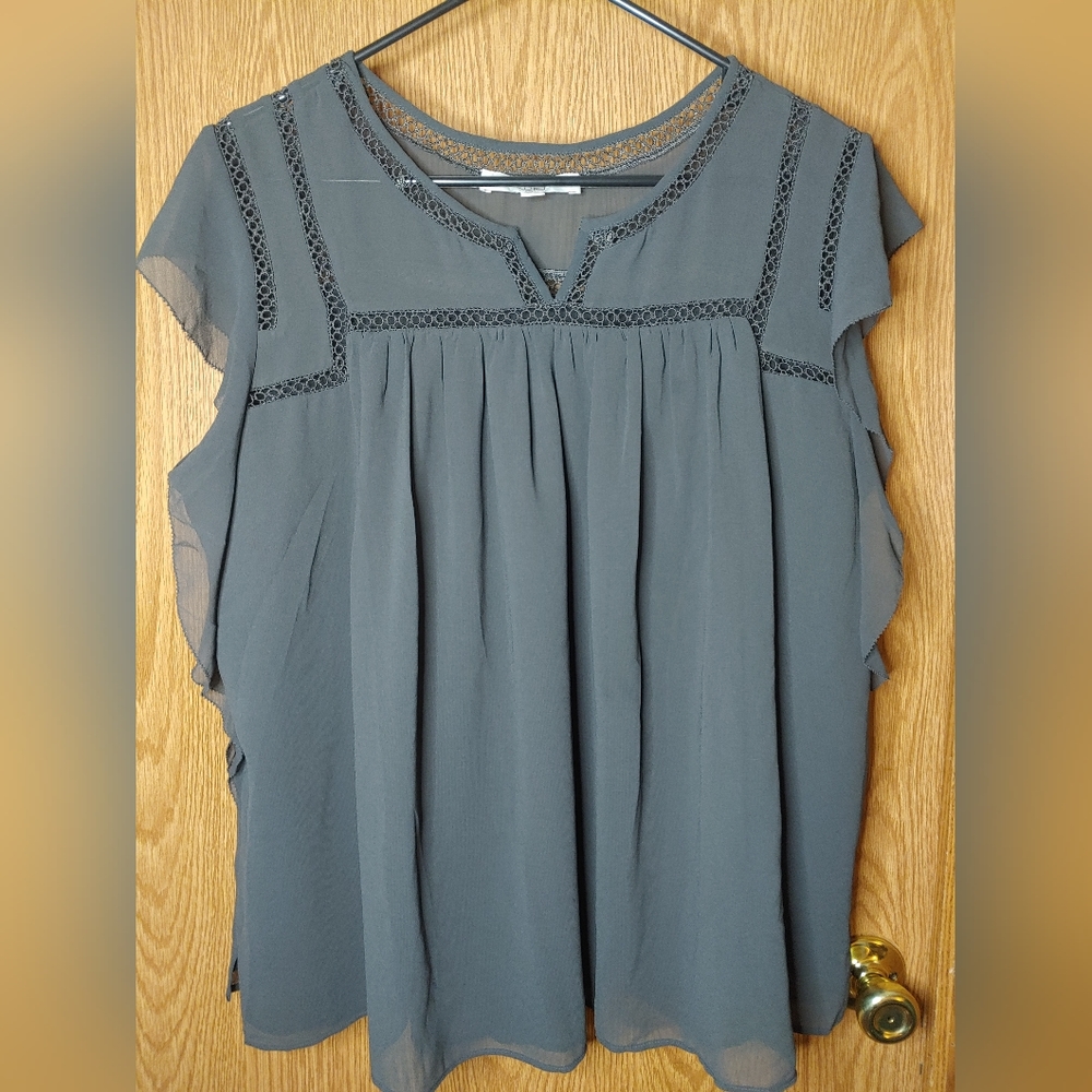 LOFT Flowy Black Blouse with Ruffles and Lace Detail, Short Sleeves, Size XL
